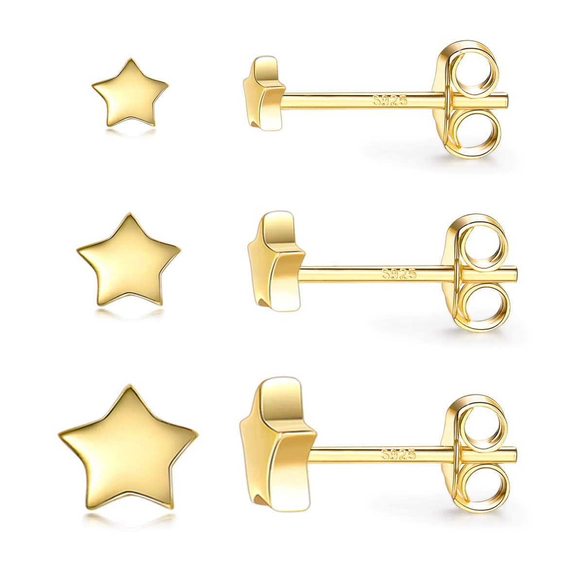 3 Pairs 925 Sterling Silver 14K Gold Plated Star Stud Earrings for Women, Tiny Geometric Stud Earrings Set Small Hypoallergenic Cartilage Ear Jewellery for Men Girls (3/4/5mm)