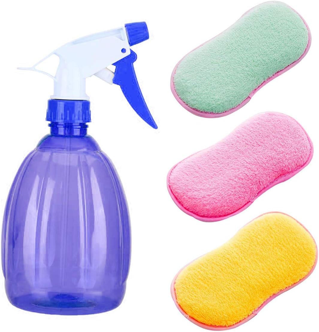 DERAYEE 3X Dual Action Scrubbing Sponge ＆ Empty Mist Spray Bottle, Antibacterial Kitchen Scouring Pads Double Sided Scrubbing Sponges Scourer Kichen Cleaning Kit