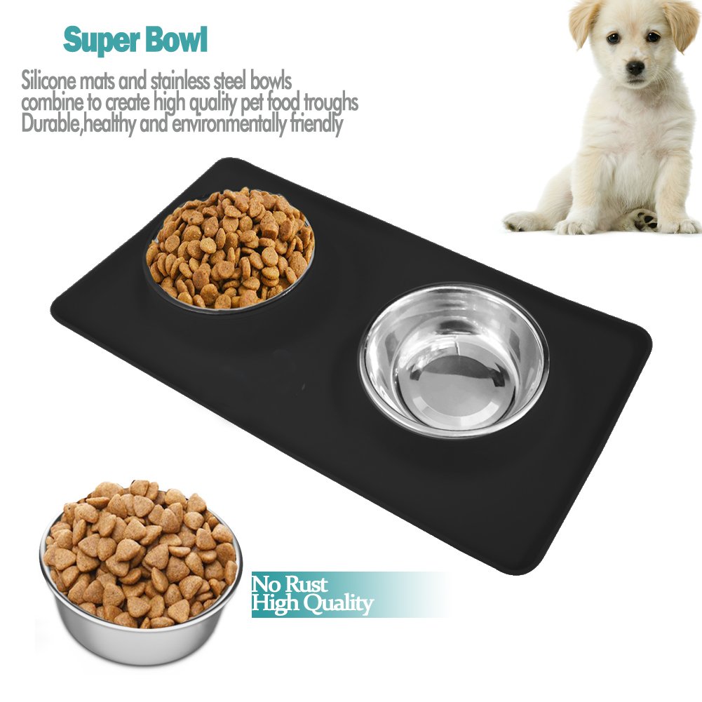 Home of Boutique Dog Bowls, Stainless Steel Pet Food Bowl, Cat Water Bowls with No-Spill Anti-Slip Silicone Mat for Large or Medium Dogs or Cats, Set of 2 Bowls (L, Black)