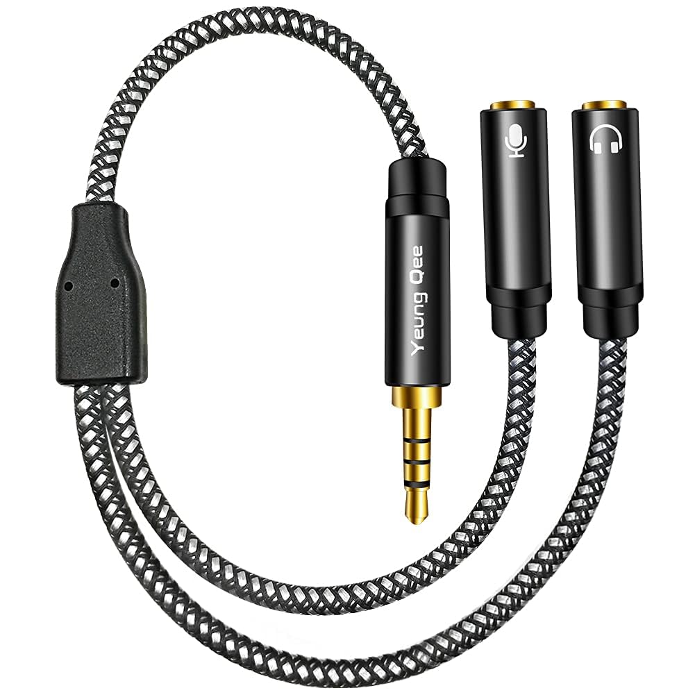 Yeung Qee Headphone Mic Splitter Adapter 3.5mm Male to 2 Dual 3.5mm Female Audio Mic Y Splitter Adapters Cable Compatible with Phone, Laptop, PS4,Gaming Headset, External Microphone& More (30cm,black)