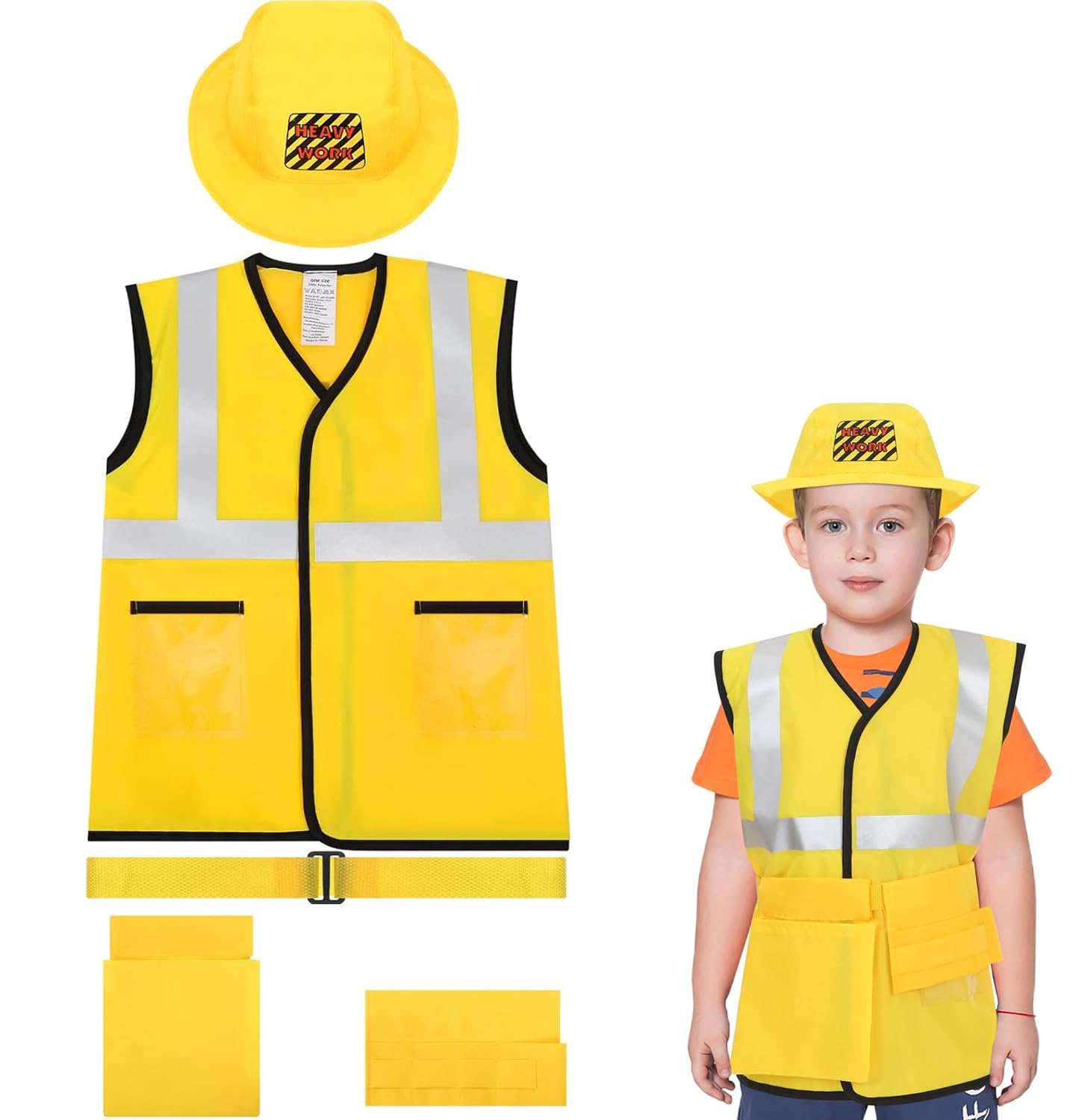 Construction Worker Costume Set, 5pcs kids Carpenter Role Play Fancy Dress Outfit for Halloween, Masquerade Party, Dress Up Games - Includes Vest, Hat, Tool Bag, Belt - Yellow, One Size