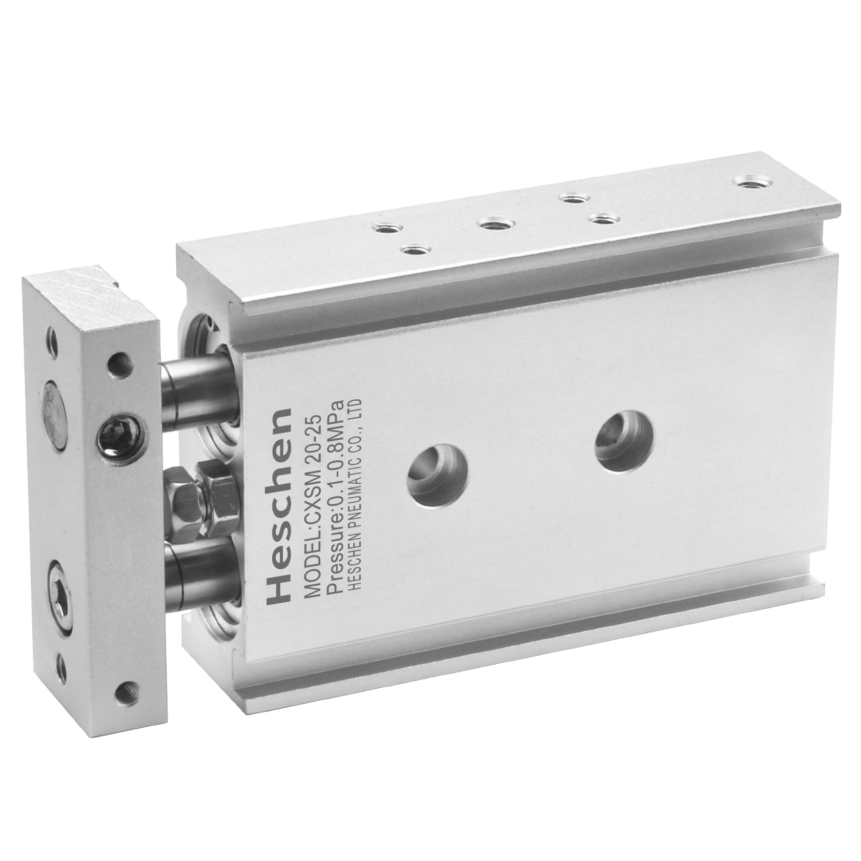 Heschen Dual Aluminum Air Cylinder, CXSM 20-25, Guide Rod Plate Double Rod Guided Pneumatic Slide Bearing Cushioned, 20mm Bore, 25mm Stroke, Double Acting