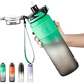 TKK Sports Water Bottles with Removable Straw 34 oz Leak-proof Flip Top Lid BPA Free Tritan Bottles with Strap for School, Fitness, Gym, Outdoor, Green-Black