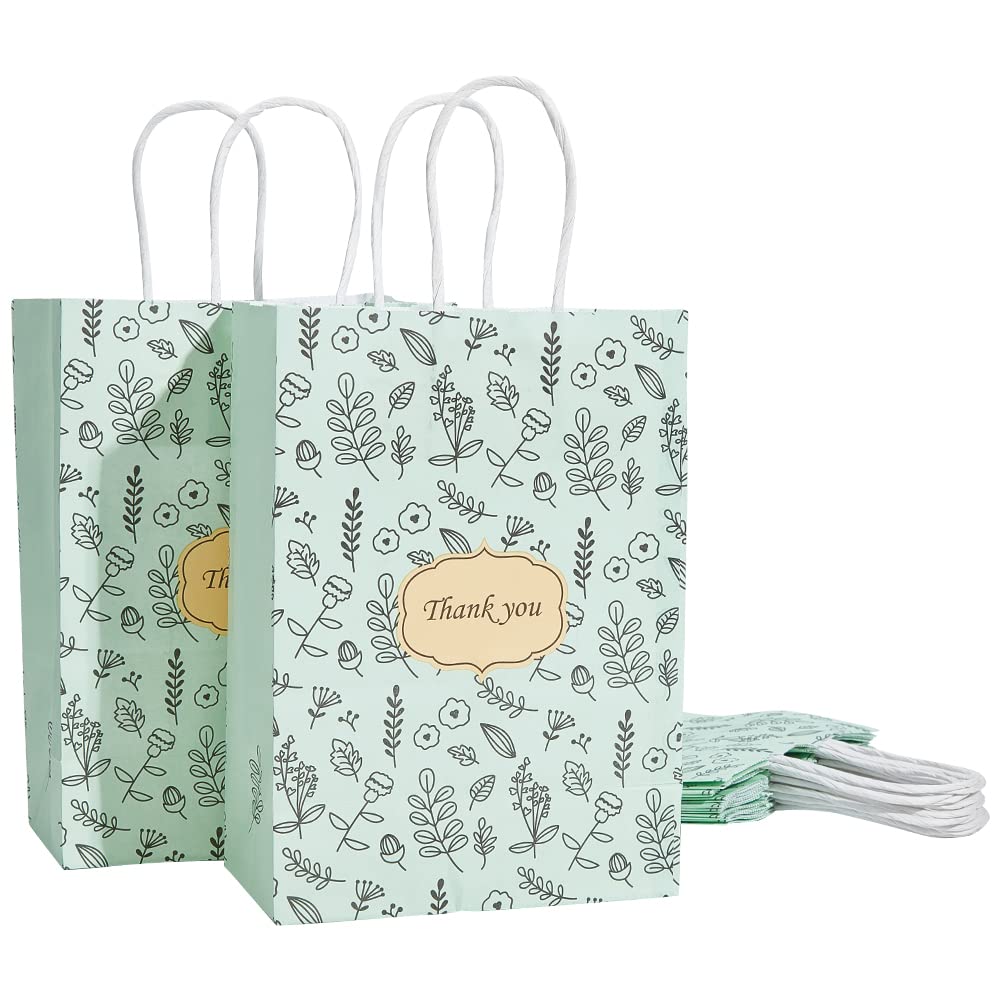 PH PandaHall 10pcs Thank You Gift Bags, Green Gift Bag Thank You Floral Bag Party Favor Party Bags Kraft Paper Bag for Retail Valentine's Day Birthday Shower Gift Wrapping, 8.2x6x3 Inch