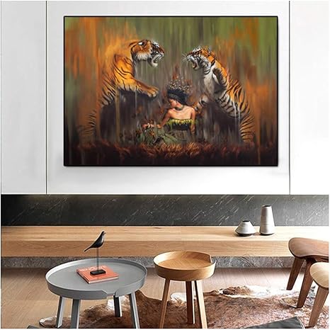 Pintura abstracta animal dos tigres y mujeres desnudas sexy lienzo
