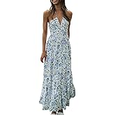 Women's Halter Neck Floral Maxi Dress 2024 Summer Boho Long Sundress Sexy Sleeveless Backless Flowy Ruffle Dress