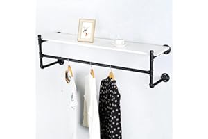 HAOVON Industrial Pipe Clothing Rack Wall Mounted Wood Shelf,Pipe Shelving Floating Shelves,Retail Garment Rack Display Rack Clothes Racks(1 Tier,48in)