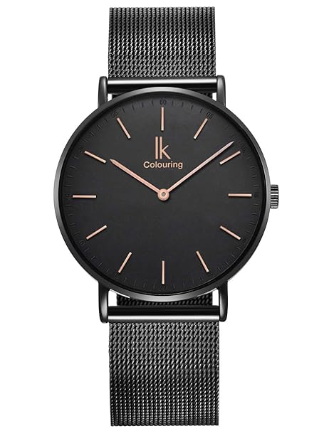 Alienwork Damen Herren Armbanduhr Quarz schwarz mit Milanaise Mesh-Armband Edelstahl Ultra-flach Slim-Uhr