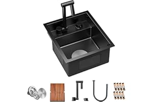TORVA RV Kitchen Sink, 13 x 15 x 7 Inch Undermount Bar Sink 16 Gauge Stainless Steel Single Bowl Sink with Foldable Faucet Cutting Board, Dark Grey