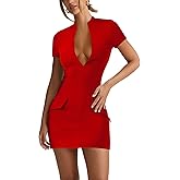 DinDinCAT Women's Sexy Deep V- Neck Bodycon Dress Short Sleeve Slim Fit Sexy Party Club Mini Pencil Dresses