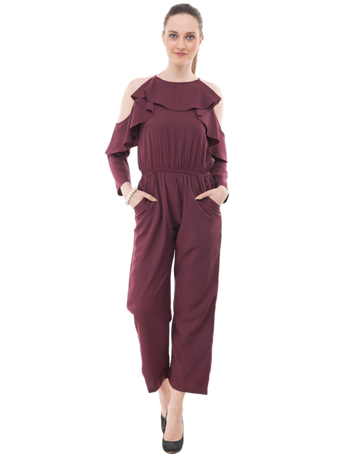 karmic vision women's crepe brown casual jumpsuit