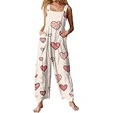 KDJJBNXY Jumpsuits for Women Valentine's Overalls Heart Graphic Rompers Casual Sleeveless Wide Leg Overall with Pockets