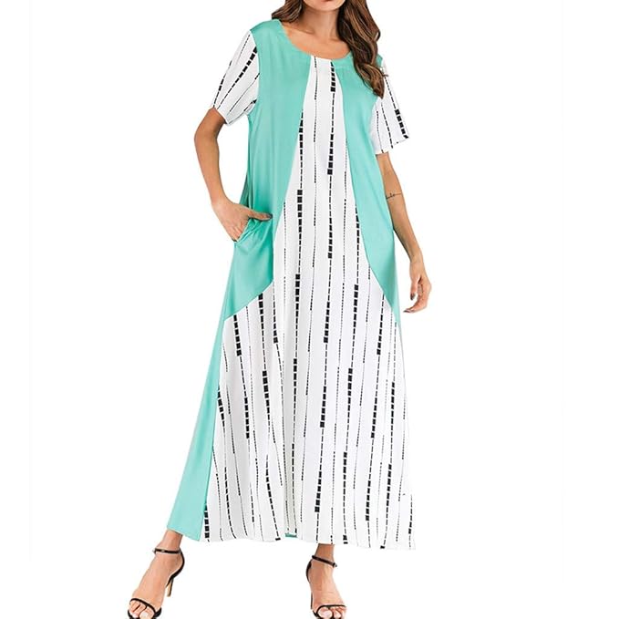 Yebutt Mode Sommer Kleid Damen Langer Abschnitt O-Neck Kurzarm Patchworkdruck Lässig Rock mit Wadenmieder