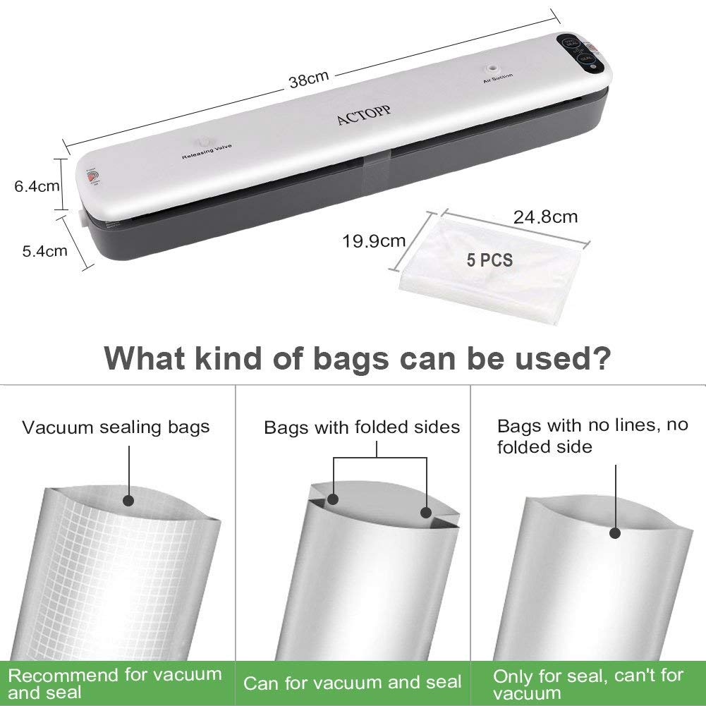 ACTOPP Machine sous Vide Alimentaire Appareil Mise sous Vide Alimentaire Professionel Emballeuse sous Vide Portable pour Conserver les Aliments Viandes, Poisson, Légumes, et Fruits, Food Saver avec 5 Packs Sac d\'Emballage