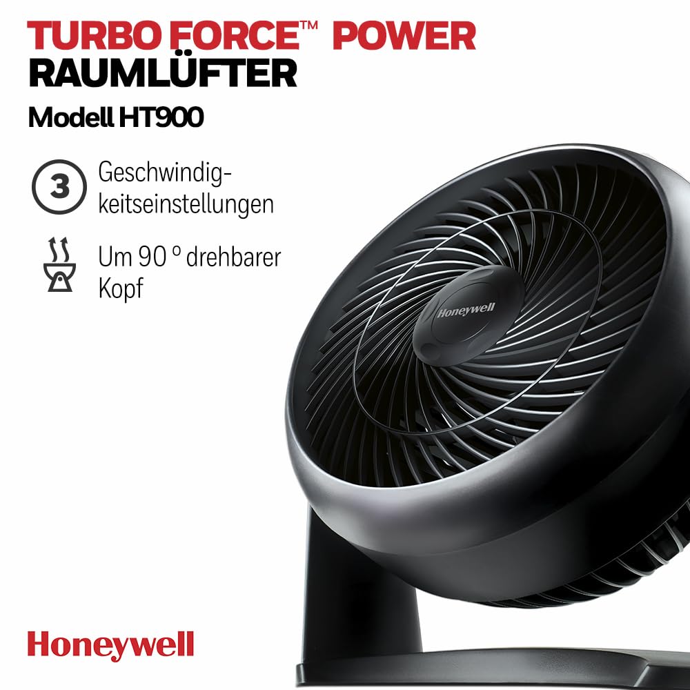 Honeywell TurboForce Turbo-Ventilator (Geräuscharme Kühlung, verstellbarer Neigungswinkel bis zu 90°, 3 Geschwindigkeitseinstellungen, Wandmontage, Tischventilator) HT900E, Schwarz 2