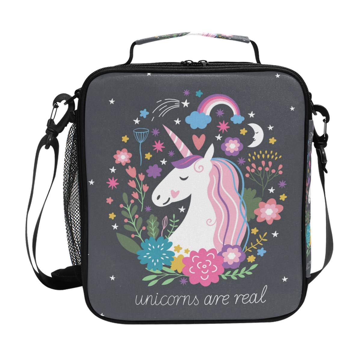 Unicorns are Real Floral Grey Insulated Kid's Lunch Bag,Cooler Lunch Box for Boy Girl,Meal Prep Bag with Shoulder Strap for School Picnic Travel