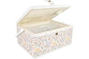 COMFECTO Large Vintage Sewing Box No Accessories, Elegant Sewing Basket with Removable Tray Padded Exterior, Sewing Box for Sewing Supplies Storage