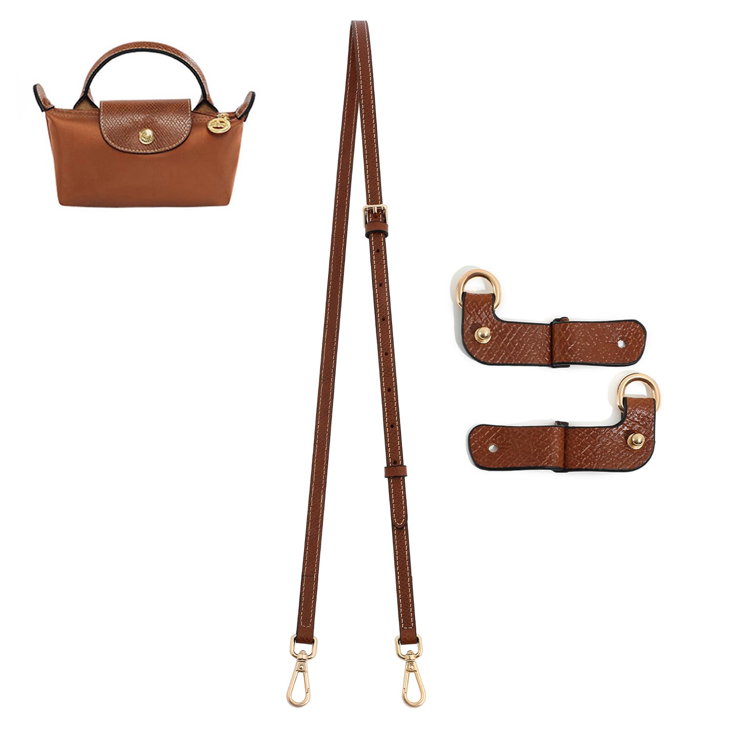 Photo 1 of BEUDW Purse Strap Leather Purse Crossbody Adjustable Shoulder Strap for Suitable for Long Champ Handbags (Brown+Gold Hardware)