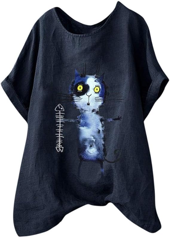 Amazon レディース ｔシャツ Kukoyo 夏服 半袖ｔシャツ 猫柄 プリント 綿麻 透けない 通気性 吸汗速乾 カットソー トップス リネンシャツ カジュアル スポーツウェア ゆったり 体型カバー 大きいサイズ プレゼント インナーウェア かわいい 普段着 部屋着 Tシャツ