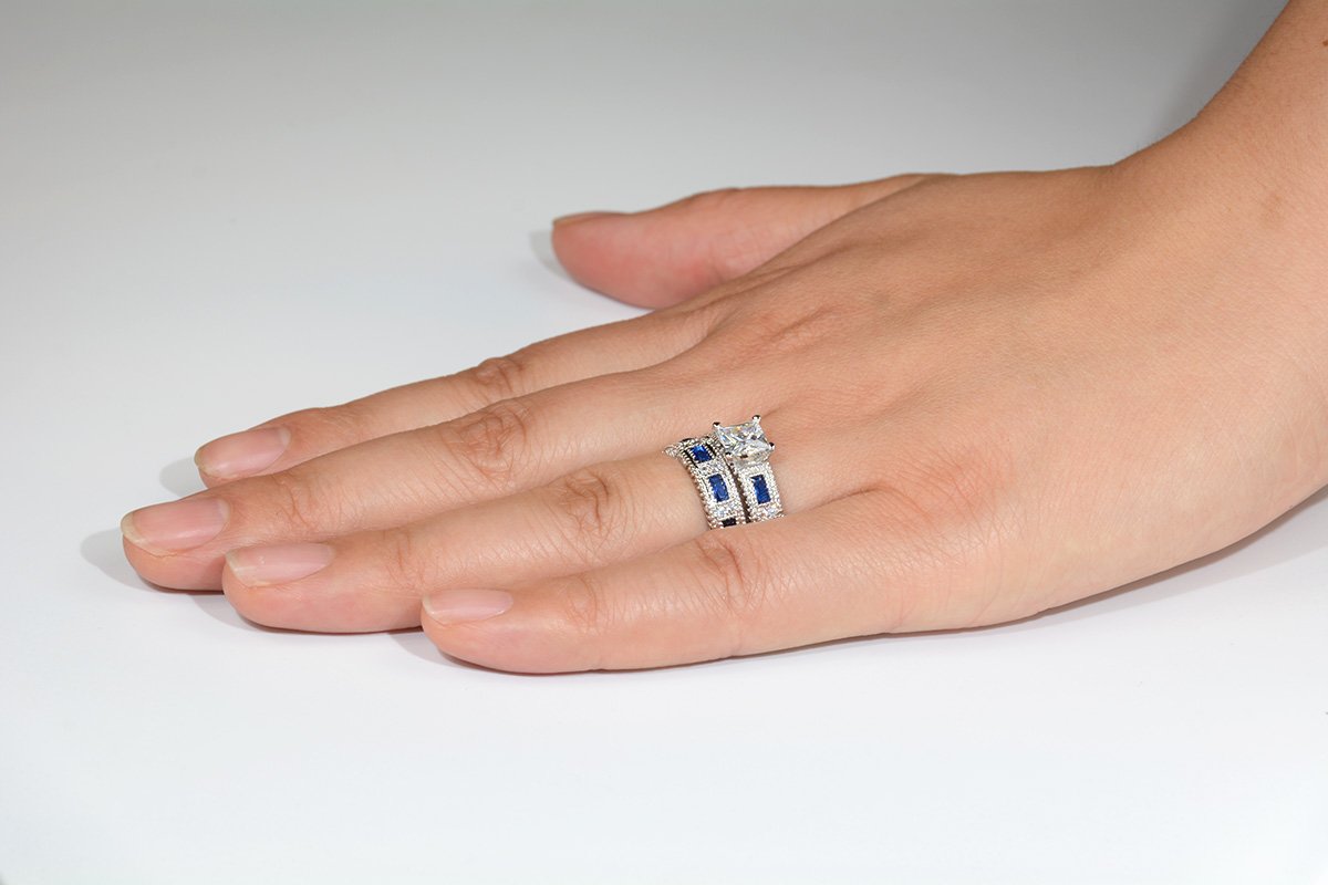 LAVUMO Bridal Set Princess Cut Simulated Blue Sapphire CZ Promise Engagement Wedding Ring Sets for Women Rhodium Plated Size 6 7 8 9 (6)