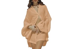 Fixmatti Women 2 Piece Outfits Summer Shorts Sets Lantern Sleeve Button Down Shirt and Shorts Sweatsuit