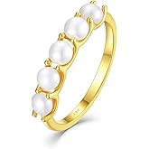 Oskani Freshwater Pearl Stackable Rings for Women 925 Sterling Silver 5 Pearls Diameter 4 mm Half Eternity Engagement Promise Wedding Band Rings Jewelry for Size 6-9