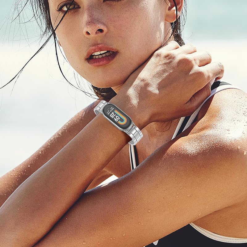 BANGTING Steel Straps Compatible with Xiaomi Mi Band 8 and Xiaomi Smart Mand 8, Replacement Metal Strap and 2 Screen Protectors for Mi Band 8
