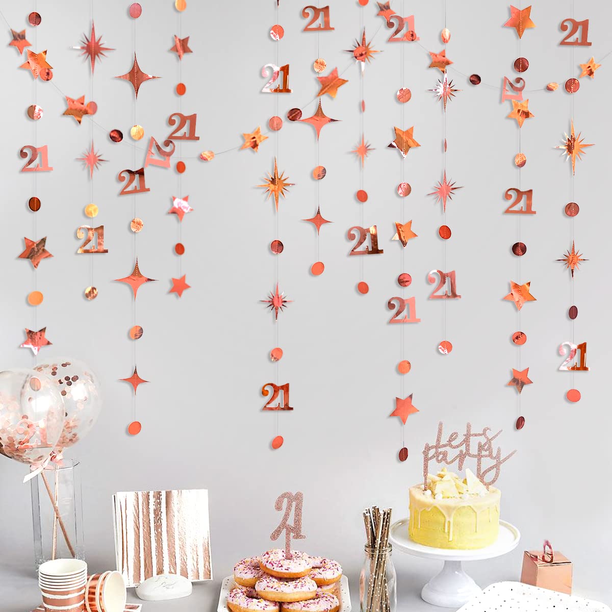 Photo 1 of Rose Gold Number 21 Circle Dot Twinkle Star Garland Kit Metallic Hanging Streamer Bunting Banner Backdrop Decoration for Girls 21st Birthday Finally Legal Twenty One Anniversary Wedding Party Supplies