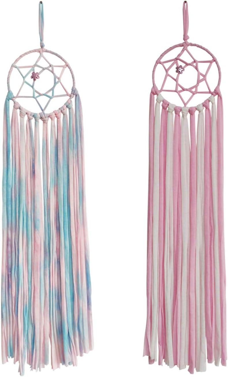 Hixixi 2pcs Fringe Hair Bows Hair Clips Holder Headband Storage Organizer Hanger, Dream Catcher Wall Hanging Decoration for Kids Baby Girls (Pink+Blue)