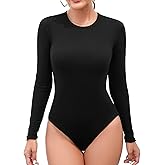 MANGDIUP Women's Bodysuit - Long Sleeve Round Neck Stretch Top Bodysuit Jumpsuit