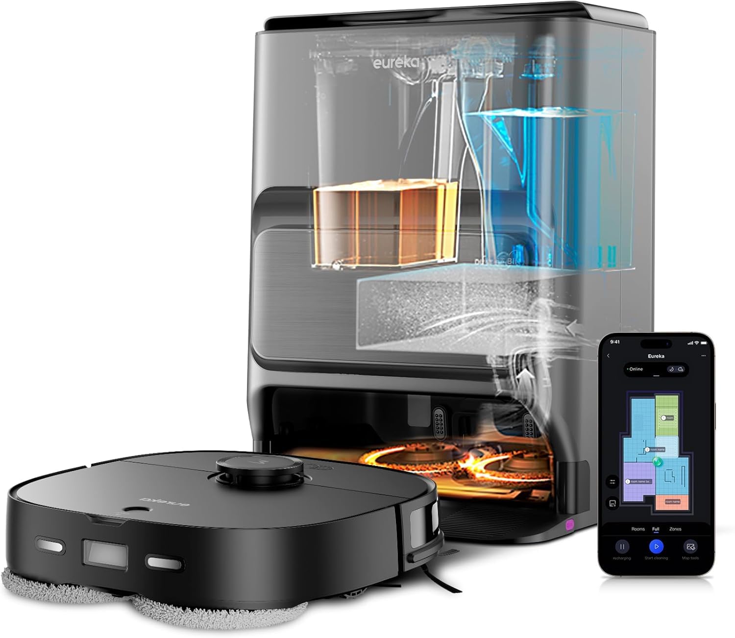 Eureka J12 Ultra DE Saug- & Wischroboter + All-in-One Station (KI-3D-Hinderniserkennung, intelligente Haustierumgehung, Auto Teppicherkennung, ideal gegen Tierhaare, App- & Sprachsteuerung) schwarz