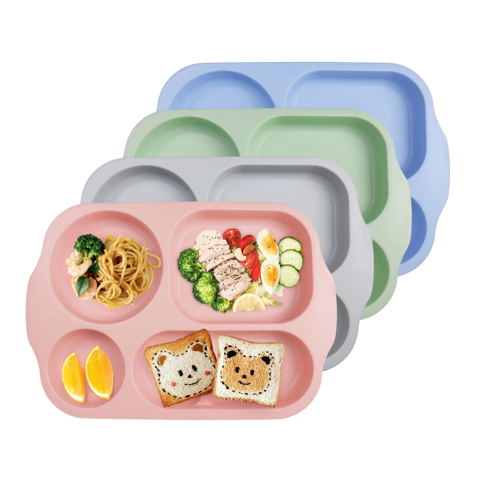 greenandlife Unbreakable Plastic Dinner Plates, Portion Control Plates with 5 compartments, 4Pcs Reusable Divided Plate Set, Microwave and Dishwasher Safe, Lightweight Picnic Plate