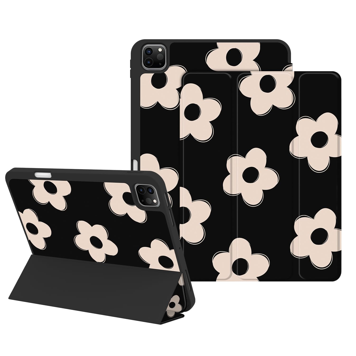 Photo 1 of Lornpa Case for iPad Pro 12.9 inch 6th/5th/4th Generation(2022/2021/2020), Protective Case with Pencil Holder, Auto Wake/Sleep Trifold Smart Stand Cute Girly Cover for iPad Pro 6th Gen, Flower Black