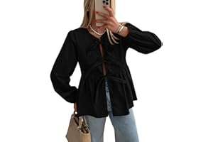 PRETTYGARDEN Fall Blouses for Women Fashion Dressy Babydoll Puff Long Sleeve Bow Tie Front Trendy Cute Y2K Going Out Tops