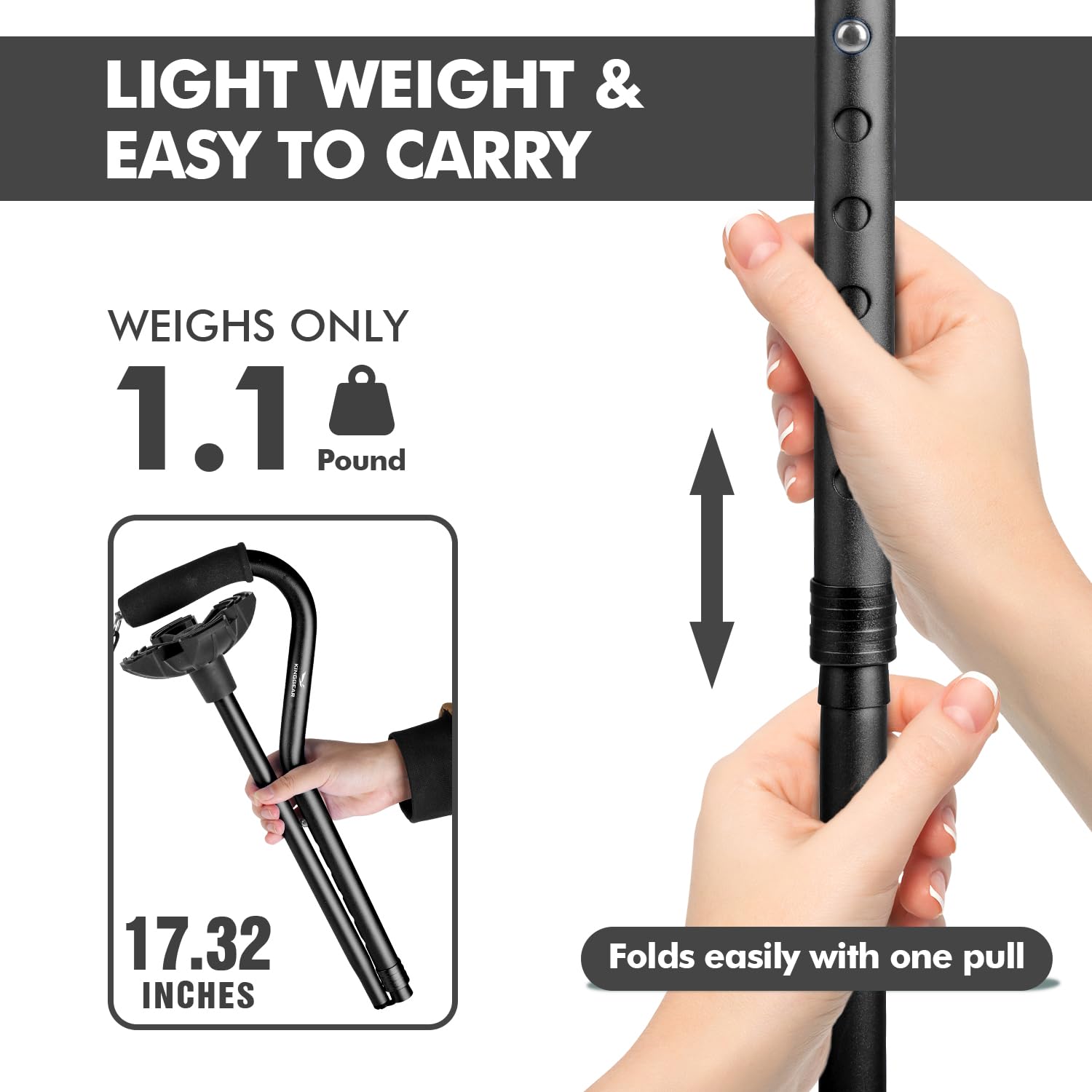 KINGGEAR F1 Walking Stick, Walking Cane for Women & Men, Self Standing Walkers for Seniors with Wrist Strap, Lightweight & Sturdy Offset EVA Handle and Large Quad Base