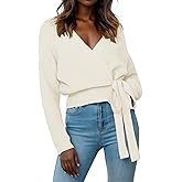 Womens Fall Sweaters 2026 Womens Casual V Neck Wrap Sweater Pullovers Lightweight Ribbed Drop Shoulder Knitted Warm Cozy Tops