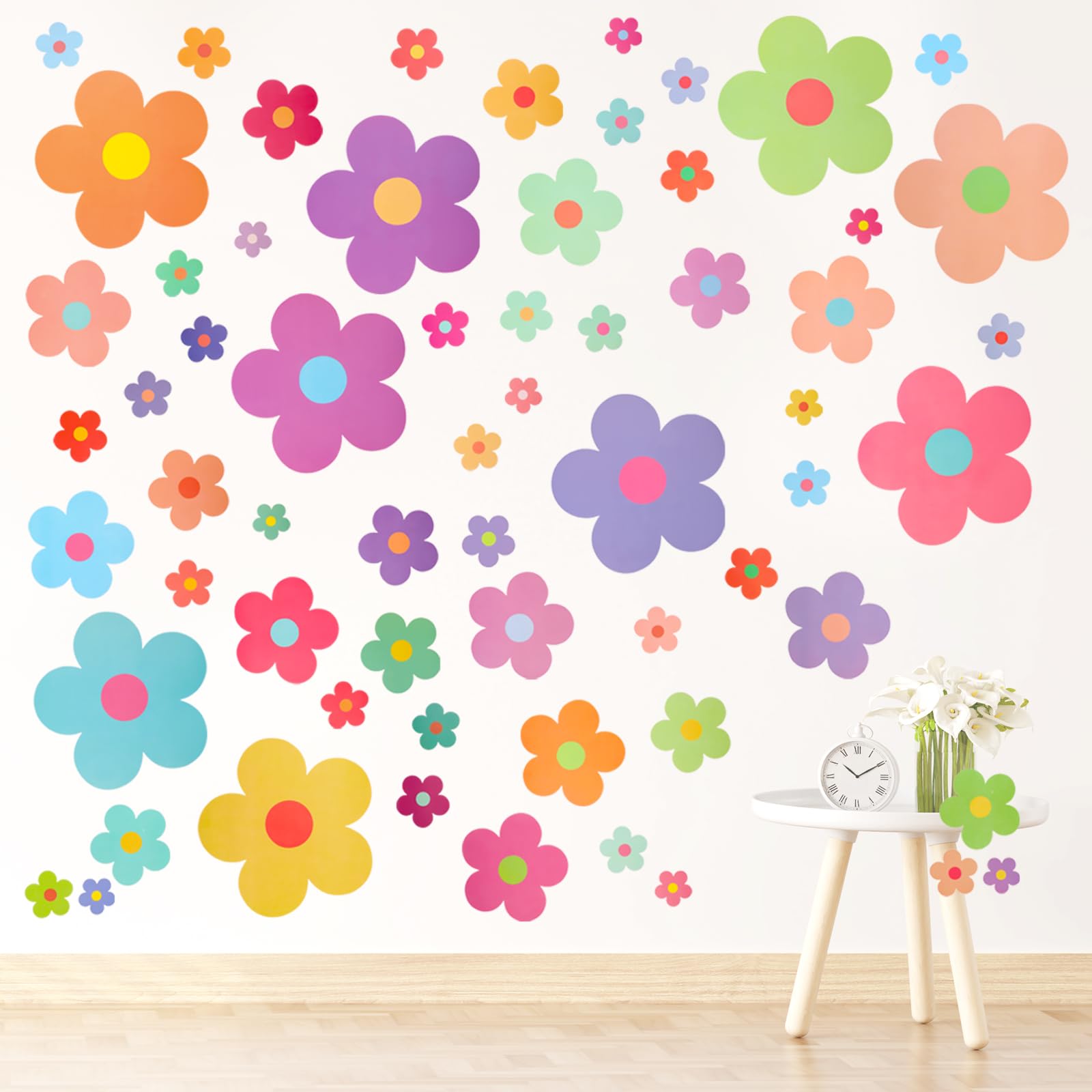 COMNICO 63pcs Cute Flowers Wall Sticker, PVC Colorful Y2k Floral Wall Decor Vinyl Peel and Stick Flowers Stickers for Teen Girls Boy Kids Nursery Bedroom Kindergarten(9 Sheets, Bright Colors)