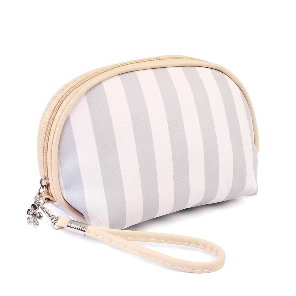 Multifunction Portable Travel Organizer - Cosmetic Makeup Pouch/Toiletry Purse/Jewelry Bag/Print School Pencil Case/Metallic Zip Clutch/Striped Wristlet (Round - Grey Stripe)