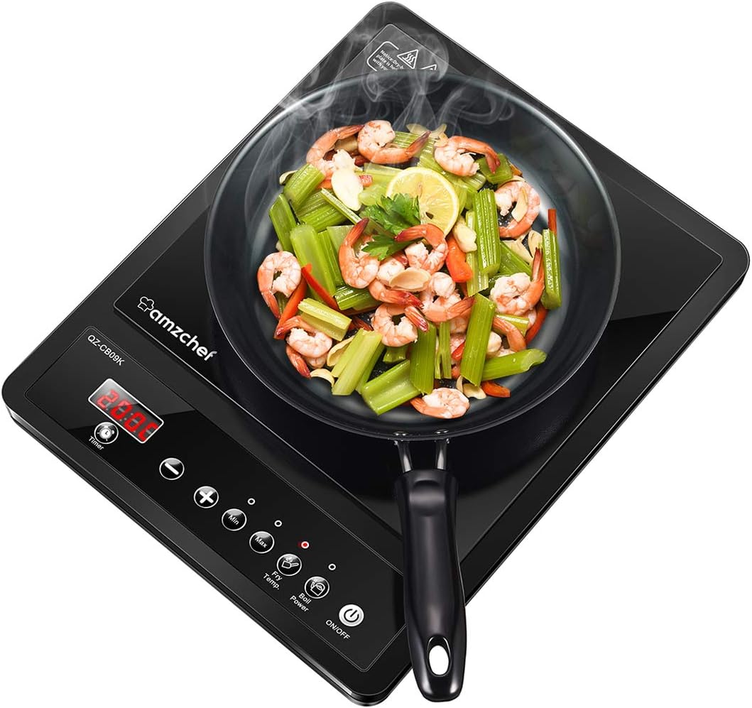 Induktionskochfeld, Amzchef Single Induction Kochplatte, 2000W einzeln Induktionsplatte mit 9 Temperaturstufen & Leistung, Sensor-Touch-Steuerung, Timer,und Sicherheitsschloss (41.5 x 31.4 x 9.5 cm)