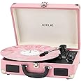 Jorlai Vinyl Record Player 3 Speed Turntable with Bluetooth, Built in Battery, Portable Suitcase, Built in Speakers, 3.5mm Headphone Jack Aux in/RCA Out Pink for Home Decoration Gift