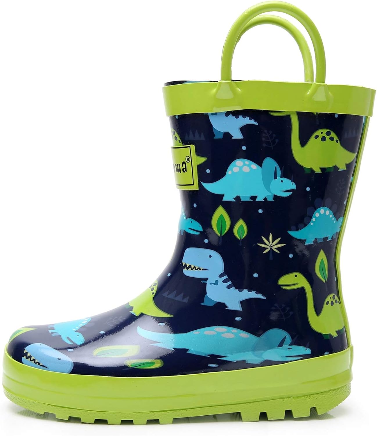Apakowa Kids Boys Girls Dinosaur Printed Wellington Rain Boots Rainy Rubber Shoes with Easy On