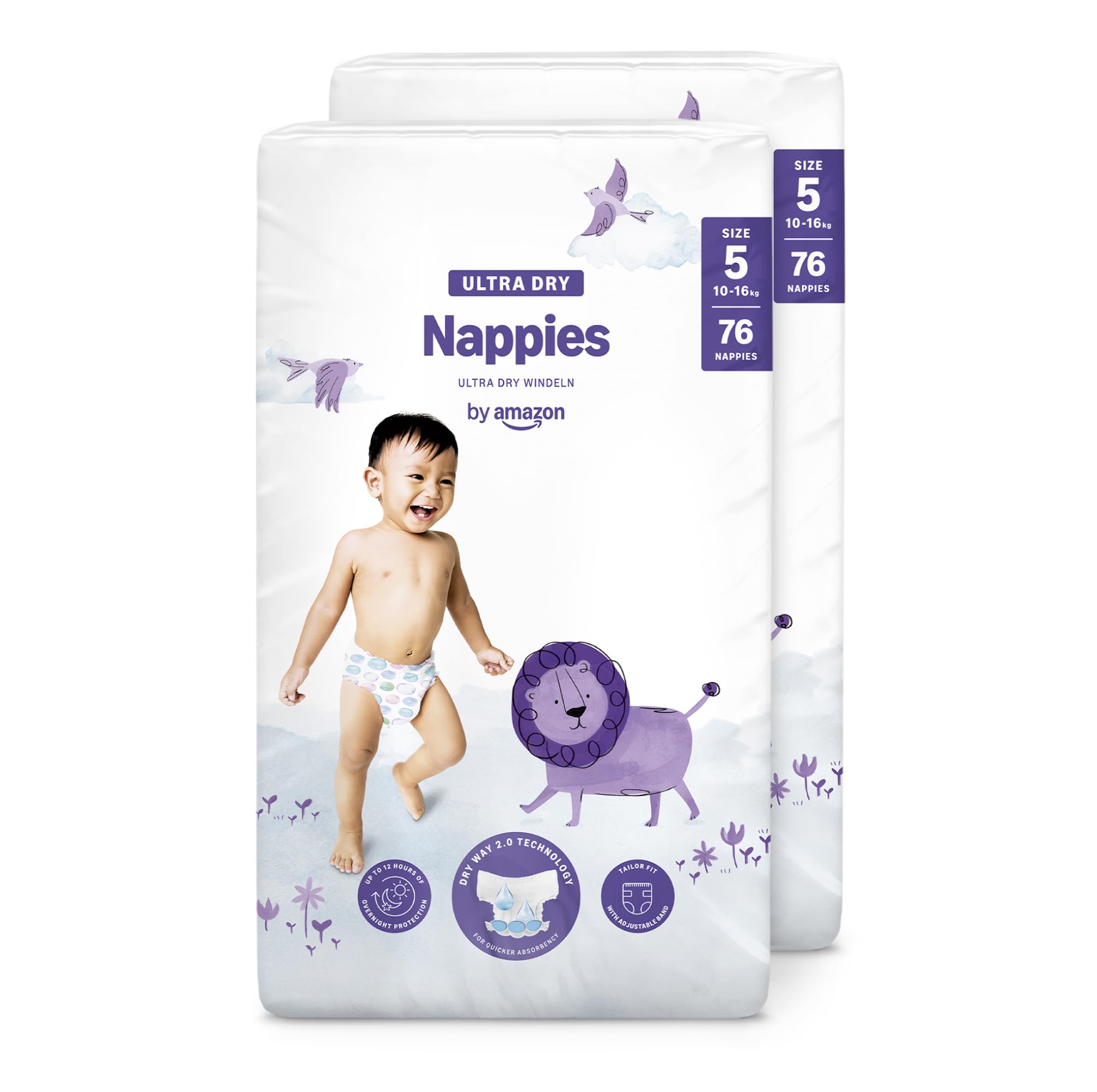 By Amazon Ultra Dry Nappies - Size 5 (10-16 kg) - With Channels- 152 Units (2 Packs x 76) (Previously a Mama Bear Brand, Same Product)