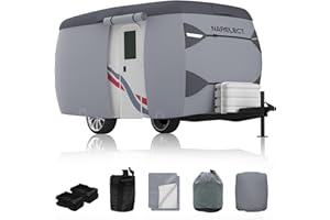 NARELECT Fiberglass Travel Trailer Cover - Upgraded Waterproof, Fits 8'-10' Trailers, Windproof Strap, 7 Layers UV Protection