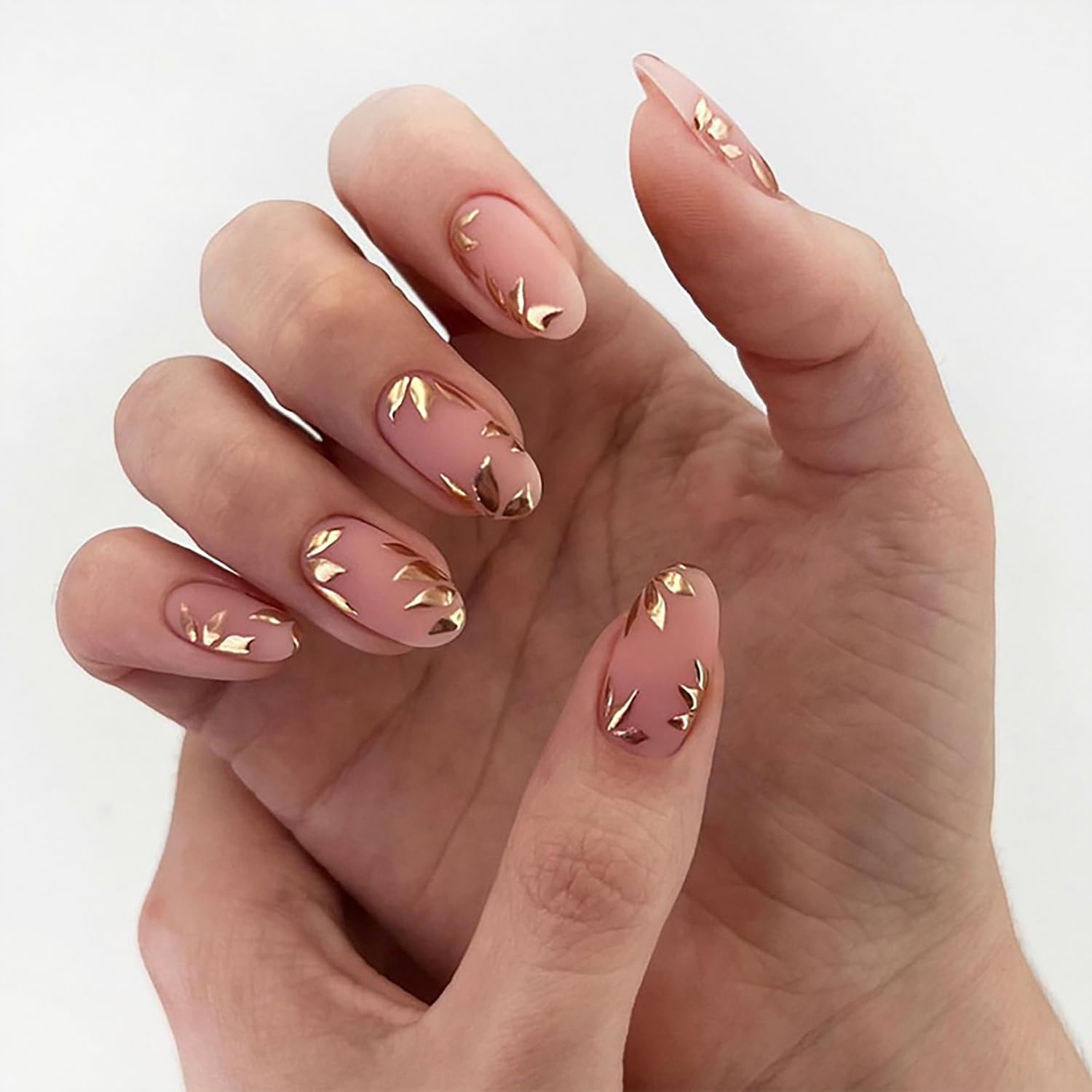 Photo 1 of Press on Nails Short Length Almond Shaped Artificial Acrylic Fingernails Gold Leaves Design Fake Nail Full Cover Glossy Reusable Coffin False Nail Glue on Nails for Women 24Pcs