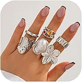 YGBDS Gold Rings for Women 6 pcs Chunky Gold Silver Stackable Rings Set Baroque Pearl Gemstone Flower Ring Statement Rings Adjustable Open Ring Fashion Jewelry Accessories for Women
