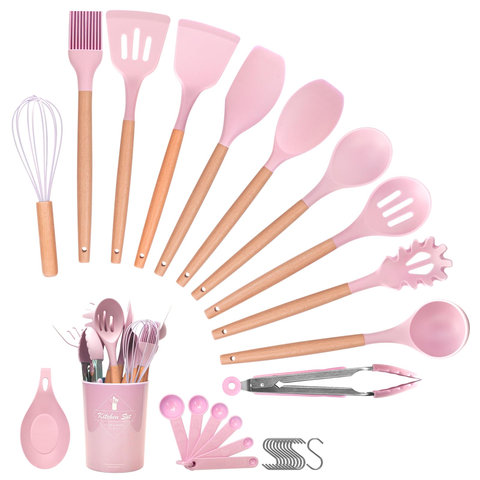 Helterfolg Silicone Kitchen Utensils Set with Wood Handle, 29PCS Kitchen Silicone Utensils Set with Holder, Non-Stick, Heat Resistant Kitchen Gadgets Utensil Set(Pink)