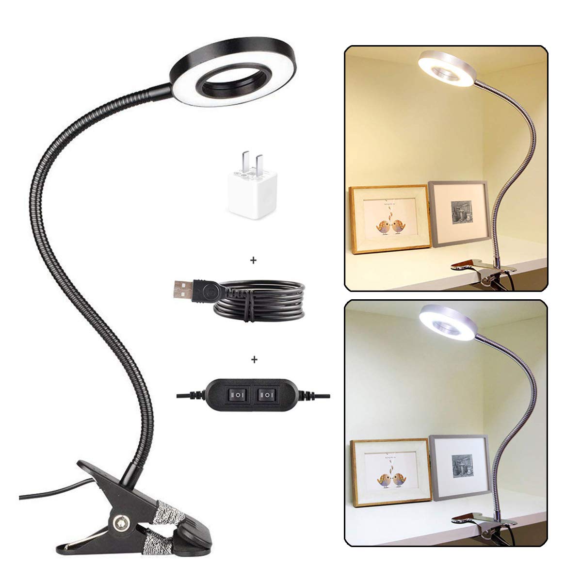 CLOOOUDS 7W Clip on Light, LED Clip On Lamp, USB Reading Book Light, Bed Lamp,Desk lamp, Warm Light and White Light, Adapter Included
