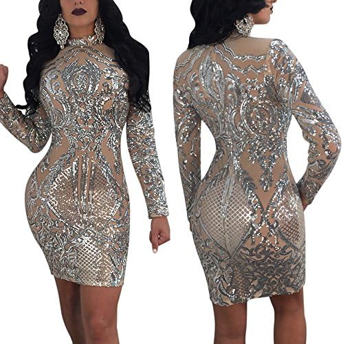 Women Sexy Silver Sequin Totem Pattern Long Sleeved High Neck Mini Slim Dress