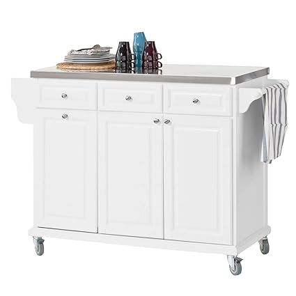 SoBuy® FKW33-W Küchenwagen mit Edelstahlplatte, Küchenschrank, Kücheninsel,Servierwagen, Rollwagen, mit Ablage für Mülleimer,