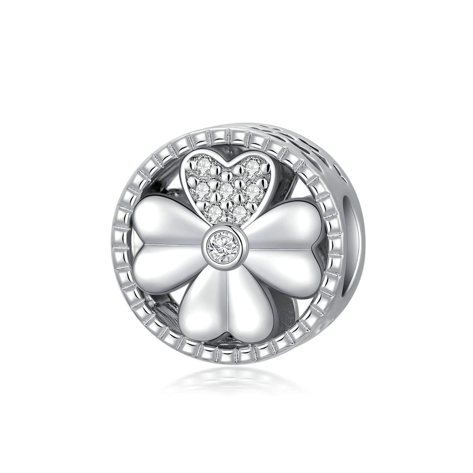 SISGEM Diamond Shamrock Charm, S925 Sterling Silver Four Leaf Charm Bead for Bracelet with 0.07cttw Natural Diamond, G, SI2, for Women Ladies Girl Mum